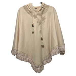 Lucky Brand Hooded Poncho/Cape Cream White Embroidered Tassel Fringe  BOHO